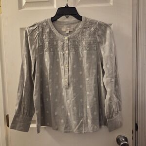 Loft sz M gray snowflake geometric print long slv top NWT office casual festive